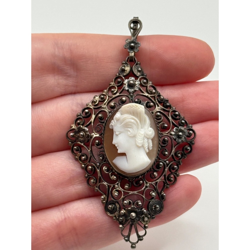 Antique 800 Silver Shell Cameo Filigree Flower Design Pendant